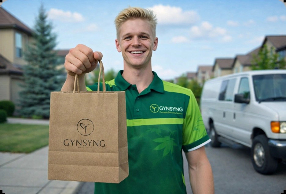 Gynsyng delivery driver handing over a branded delivery bag